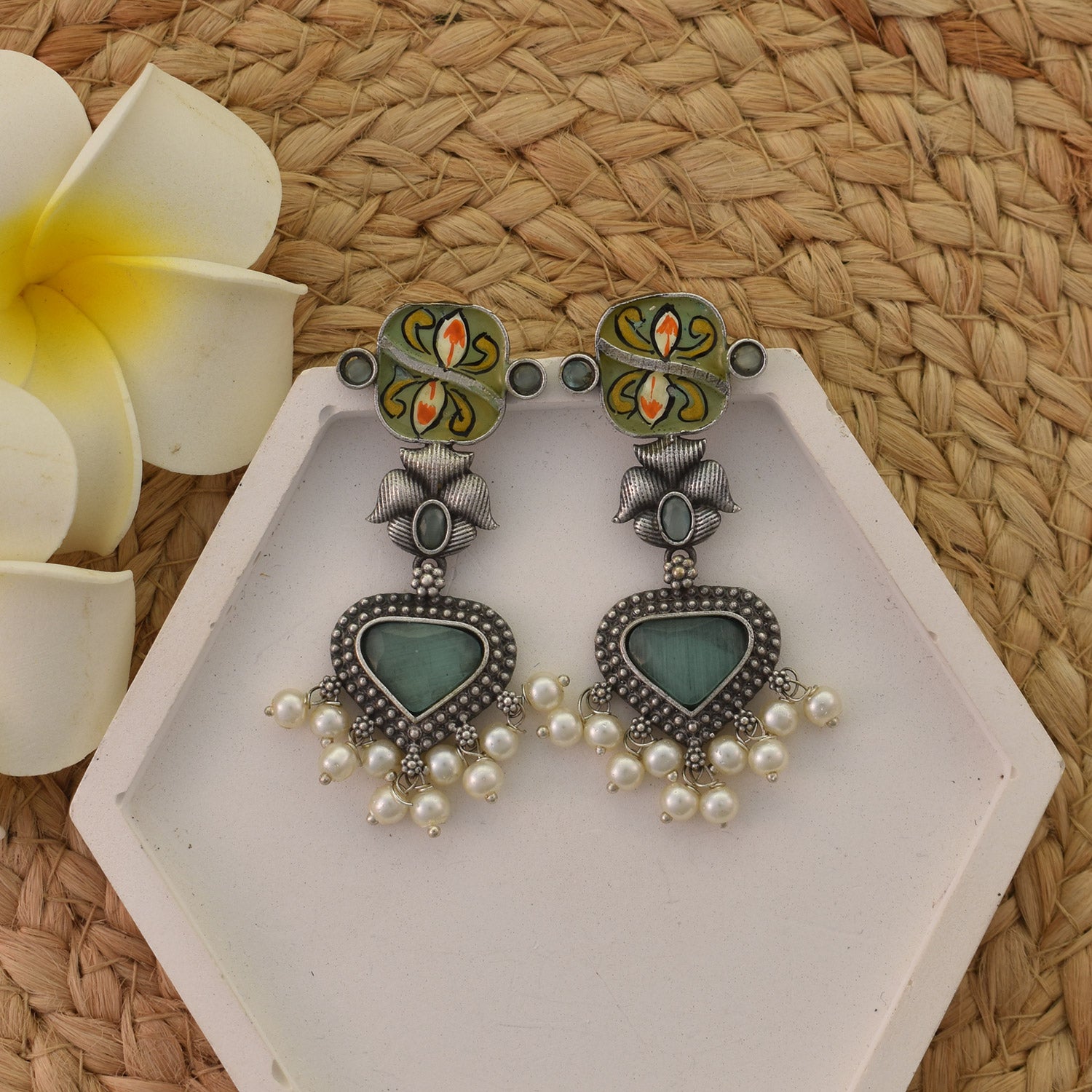 Aarvi Green Heart Oxidised Earrings