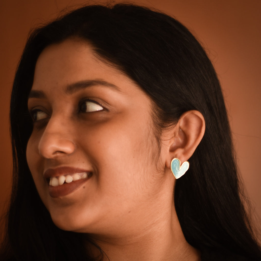 Aqua Heart Enamel Stud Earrings