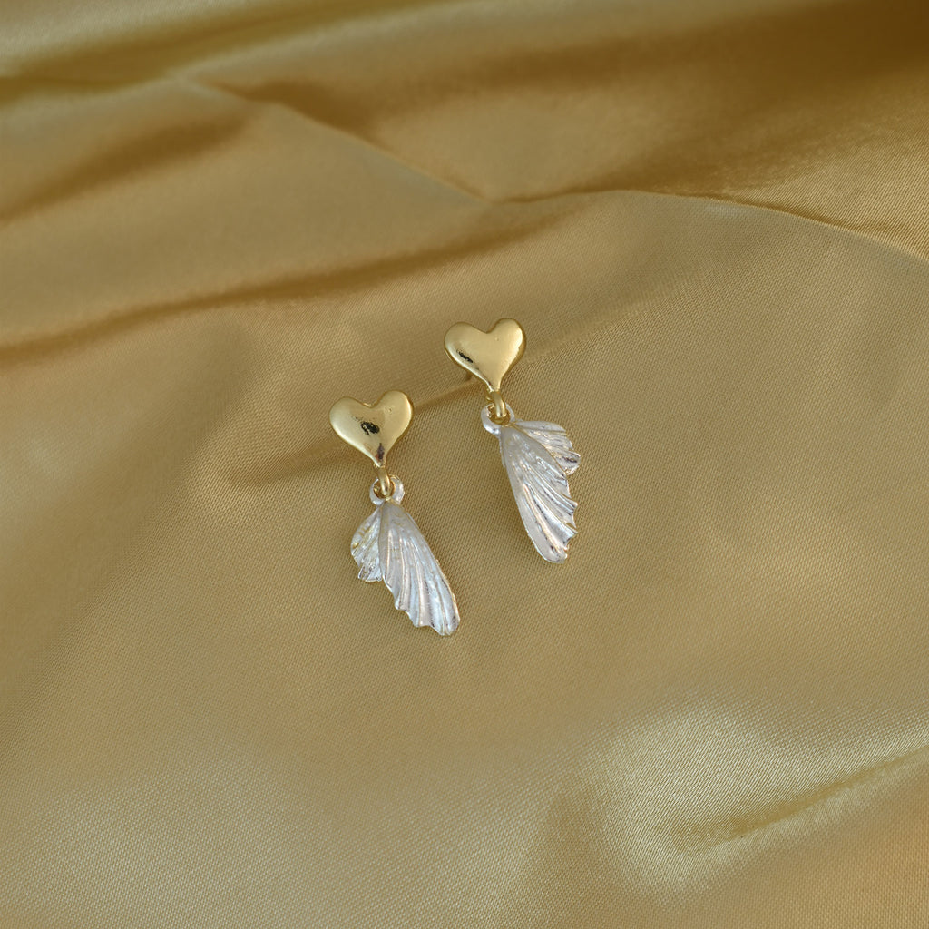 Golden Heart & Feather Drop Earrings