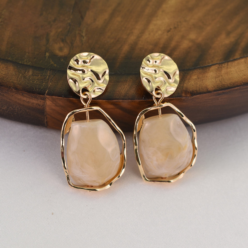 Ivory Stone Hammered Gold Drop Earrings