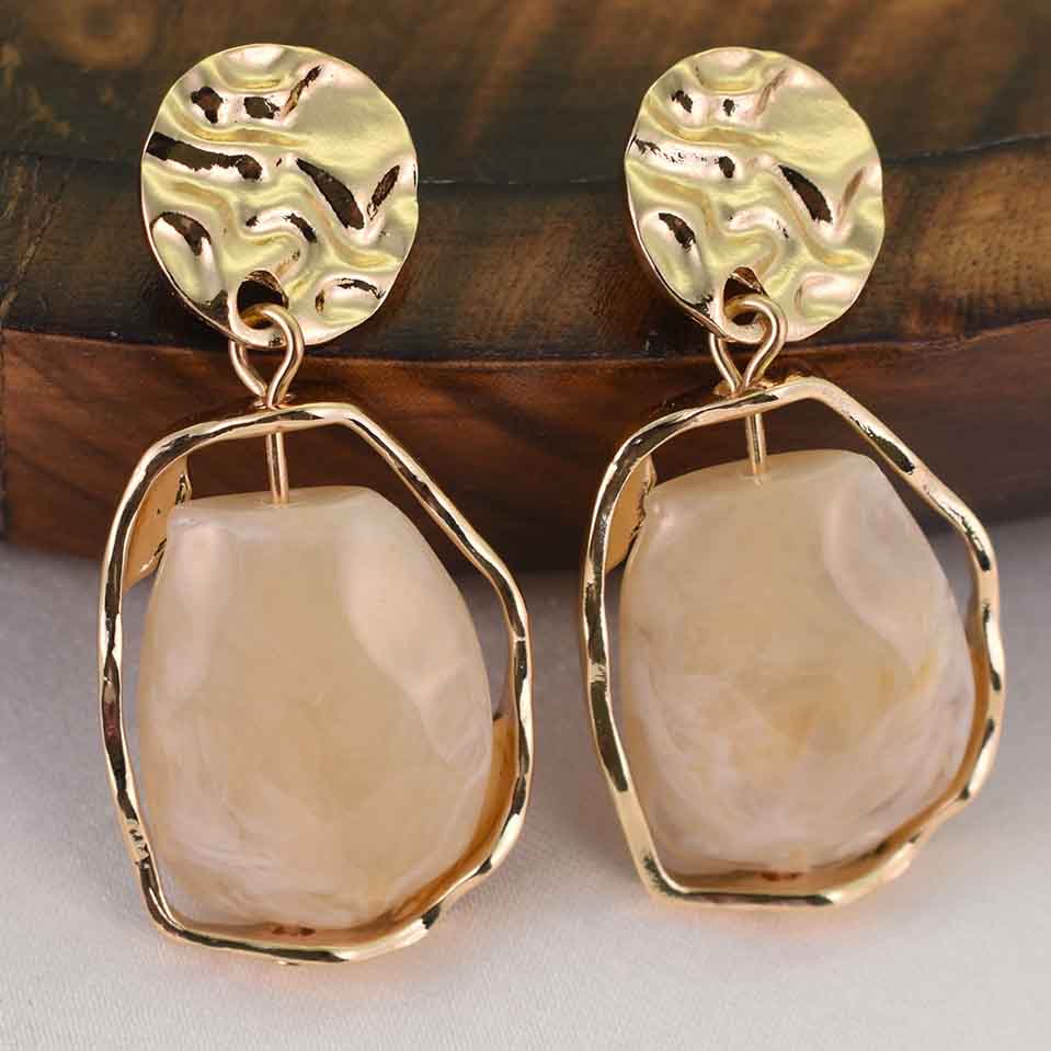 Ivory Stone Hammered Gold Drop Earrings